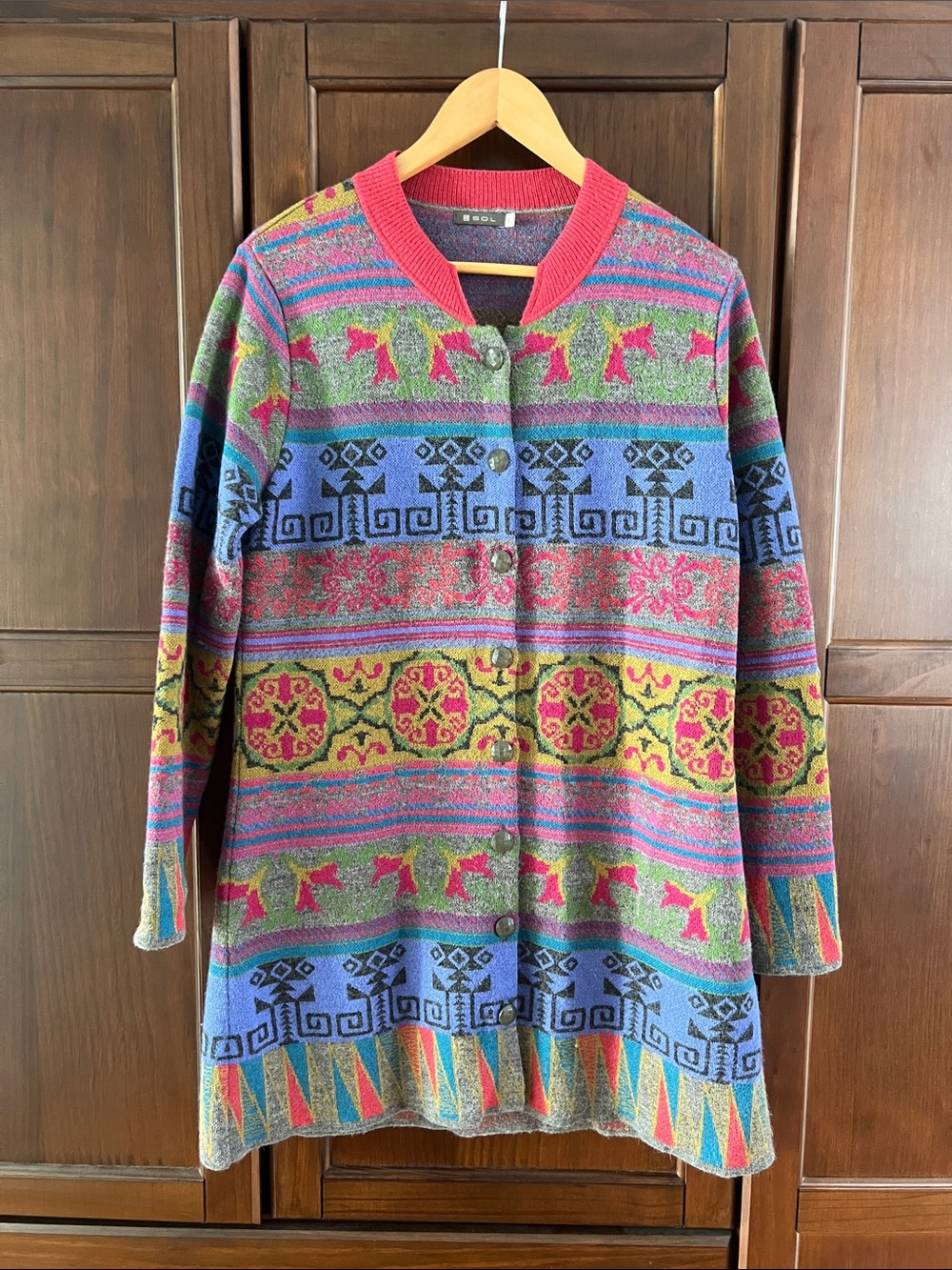 SOL Alpaca 100% Baby Alpaca Geometric Knit Longline Cardigan Sweater Coat L